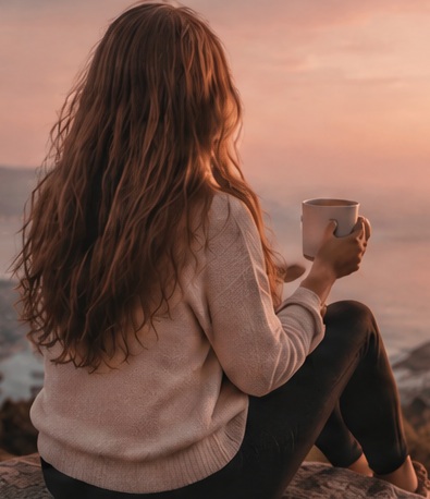 Brand mood: a woman holding a coffee and looking out over the coast at sunset